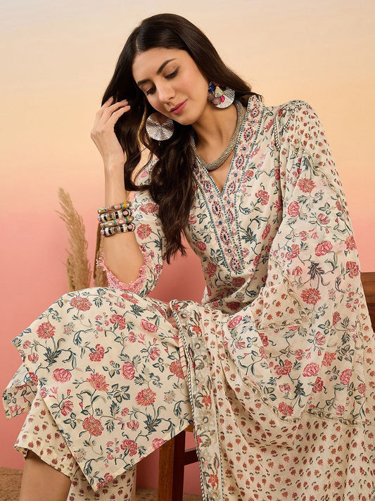 Dhiyona SN Women's Floral Printed Pure Cotton V Neck Kurta With Trousers & Dupatta