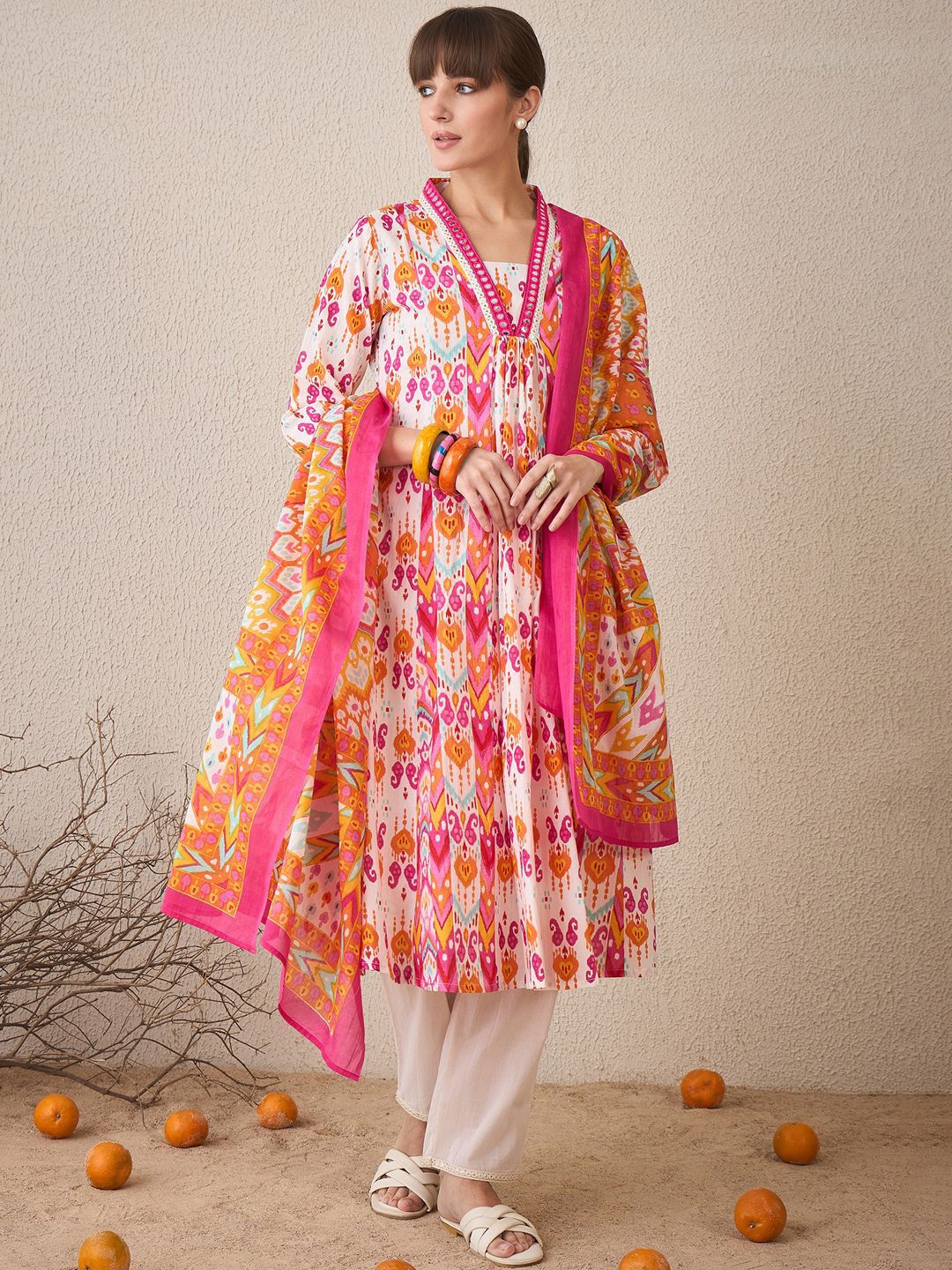Dhiyona IE Women Printed Panelled Mirror Work Pure Cotton Kurta with Trousers & With Dupatta
