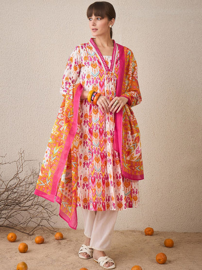 Dhiyona IE Women Printed Panelled Mirror Work Pure Cotton Kurta with Trousers & With Dupatta