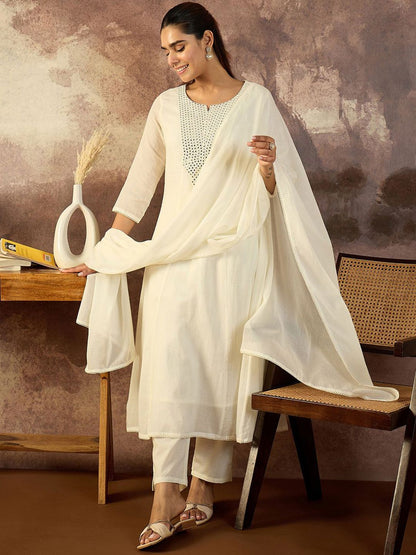 Embroidered Mirror Work Pure Cotton Straight Kurta With Trousers & Dupatta