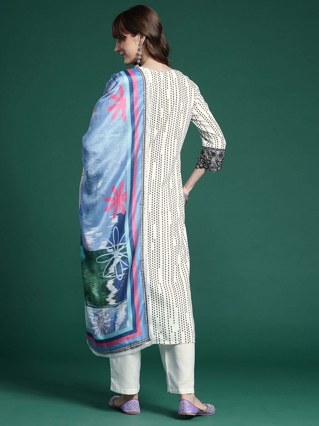 Embroidered Regular Thread Work Kurta with Trousers & Dupatta