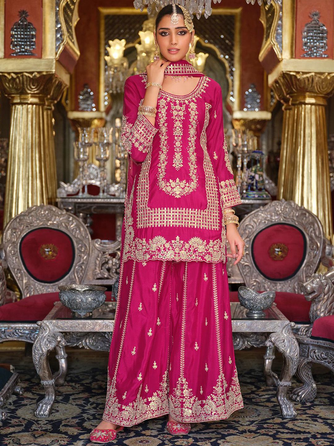 Adults-Women Woven Design Embroidered Kurta with Palazzos & Dupatta