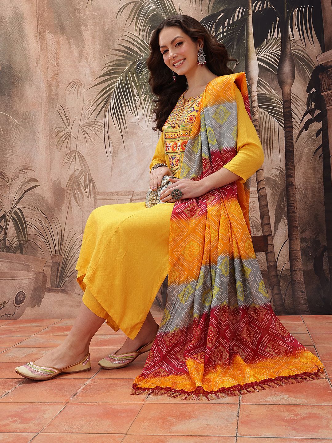 Dhiyona SN Women's Yoke Design Mirror Work Embroidered Kurta With Trousers & Bandhani Print Dupatta