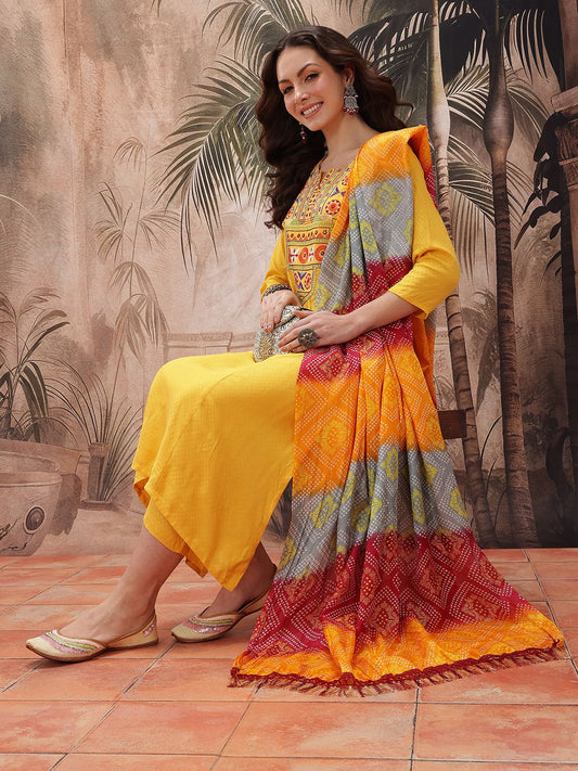 Dhiyona SN Women's Yoke Design Mirror Work Embroidered Kurta With Trousers & Bandhani Print Dupatta