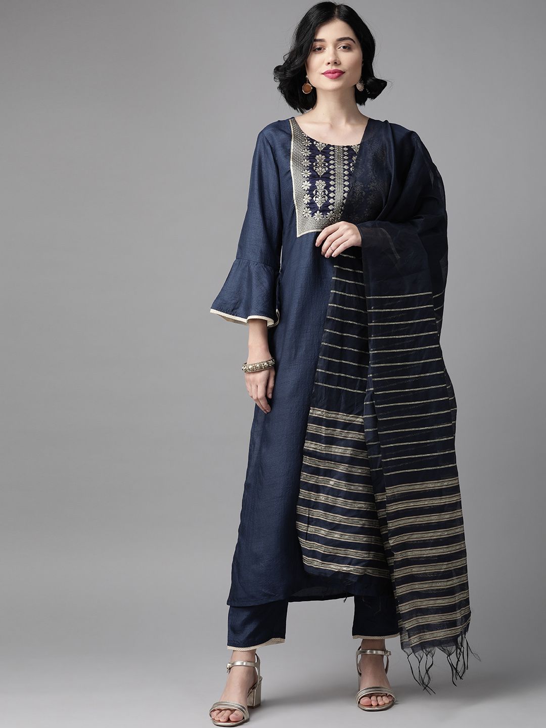 Dhiyona IE Women Navy Blue & Golden Yoke Design Kurta with Trousers & Dupatta