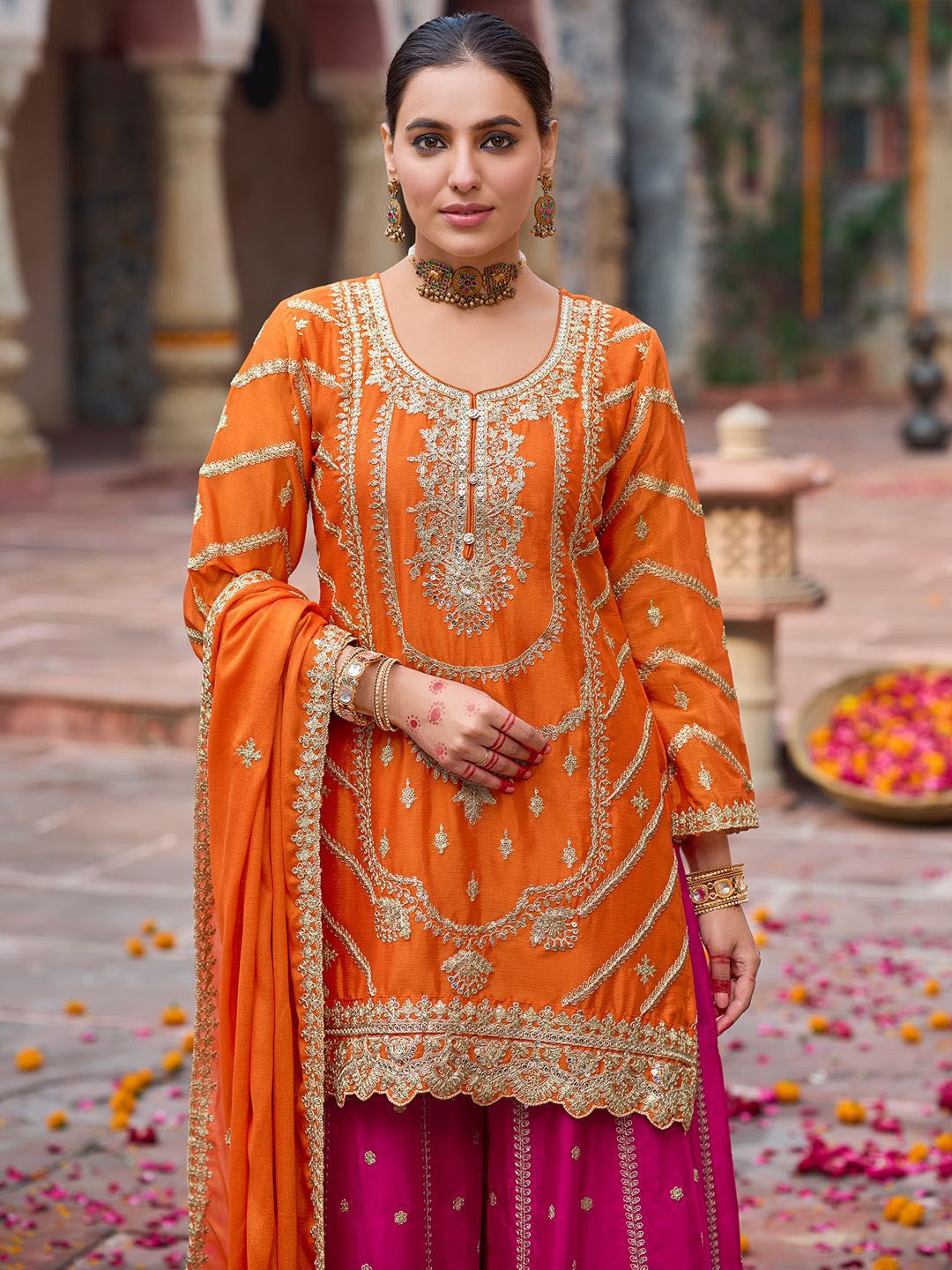 Dhiyona IE Floral Embroidered Sequinned Chinon Straight Kurta With Palazzos & Dupatta