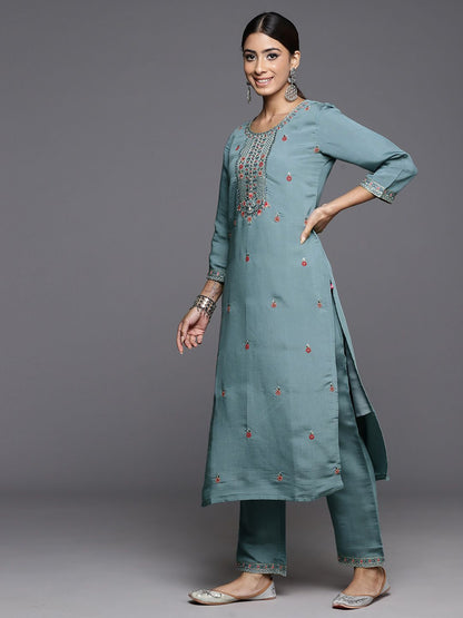 Dhiyona VA Women's Floral Embroidered Regular Sequined Kurta with Trousers & Dupatta