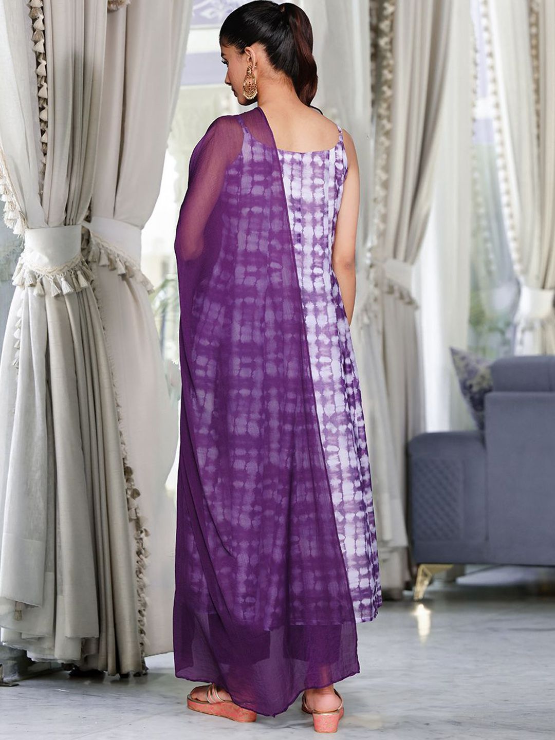 Dhiyona VA Women'sViolet Ombre Dyed Printed Chanderi Silk Anarkali Kurta With Trousers & Dupatta