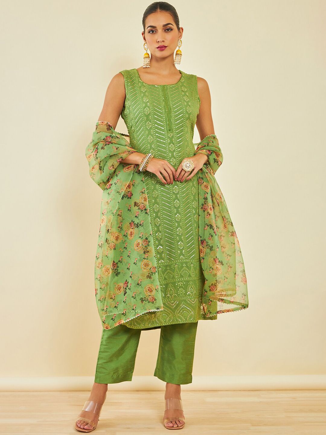 Dhiyona SO Women's Green Ethnic Motifs Embroidered Regular Sequinned Kurta With Trousers & Dupatta