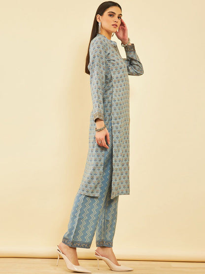 Dhiyona SO Women's Ethnic Motifs Printed Regular Thread Work Kurta with Trousers