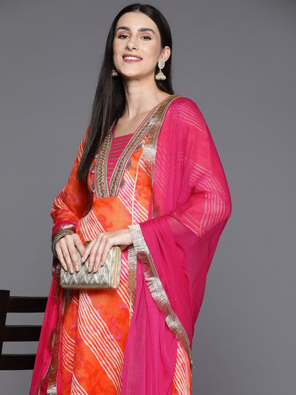 Dhiyona VA Women'sLeheriya Printed Straight Kurta with Trousers & With Dupatta