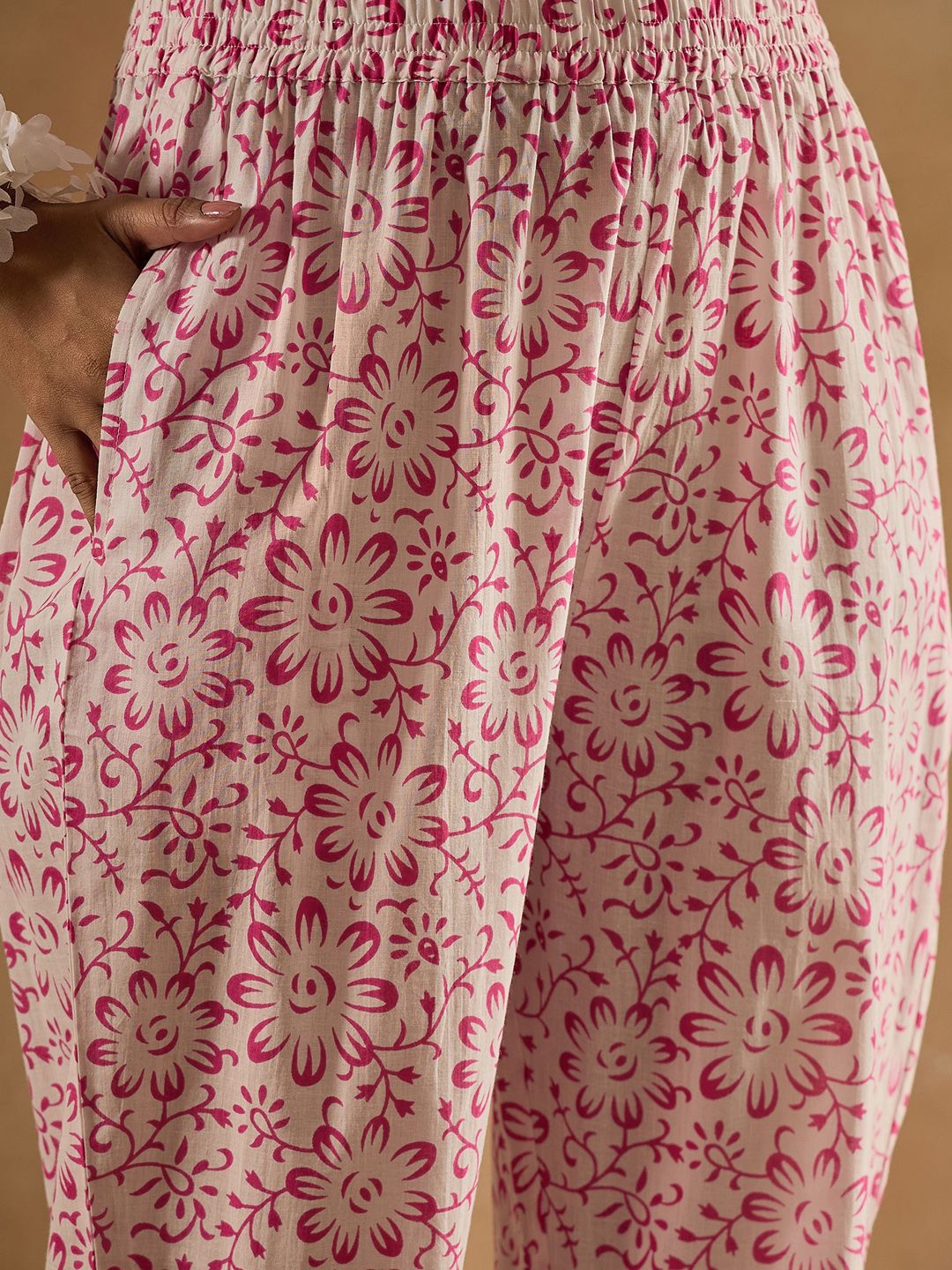 Floral Printed V-Neck Cotton Empire Anarkali Kurta With Trousers & Dupatta