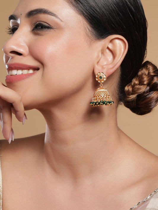 Dhiyona RJ Women's 18K Gold Plated Green Beaded Floral Motif Jhumka Earrings