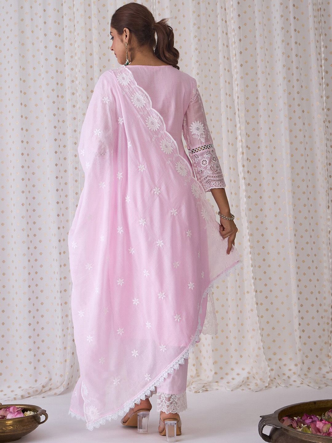 V Neck Floral Embroidered Pure Cotton Kurta with Trouser & Dupatta