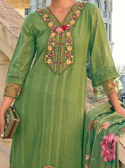 Dhiyona IE Floral Embroidered Thread Work Pure Cotton Kurta with Trousers & With Dupatta