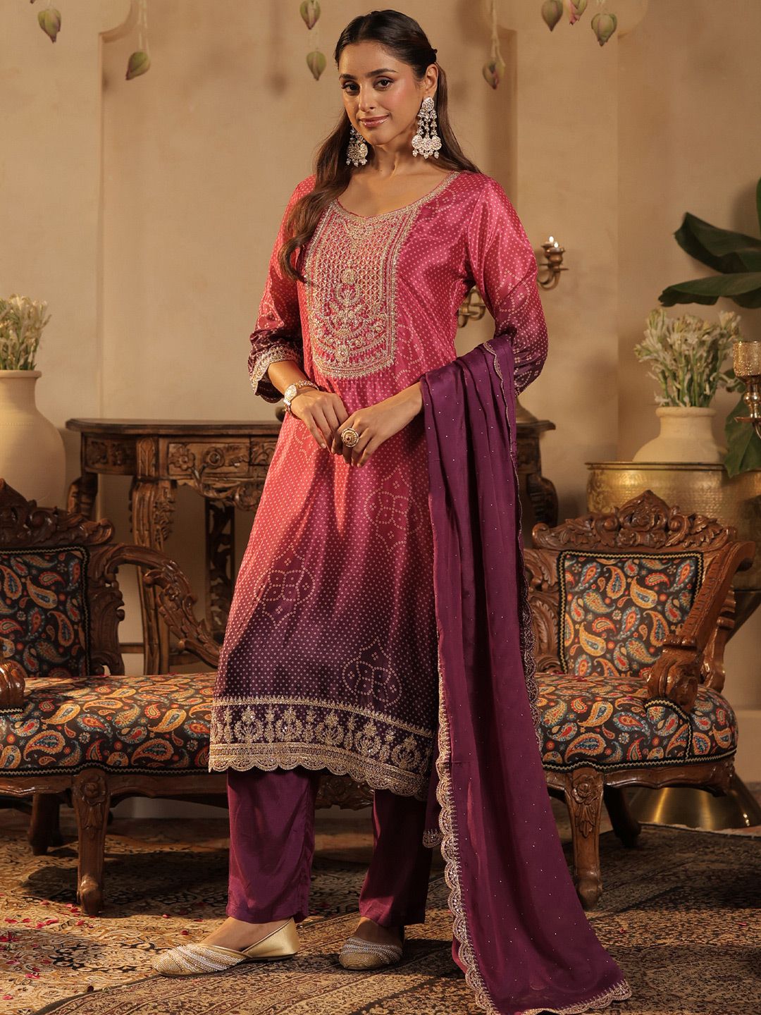 Dhiyona IE Bandhani Printed Straight Sequinned Kurta With Trousers & Dupatta