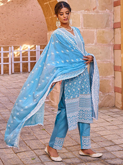 Women Floral Embroidered Thread Work Pure Cotton Kurta with Trousers & Dupatta
