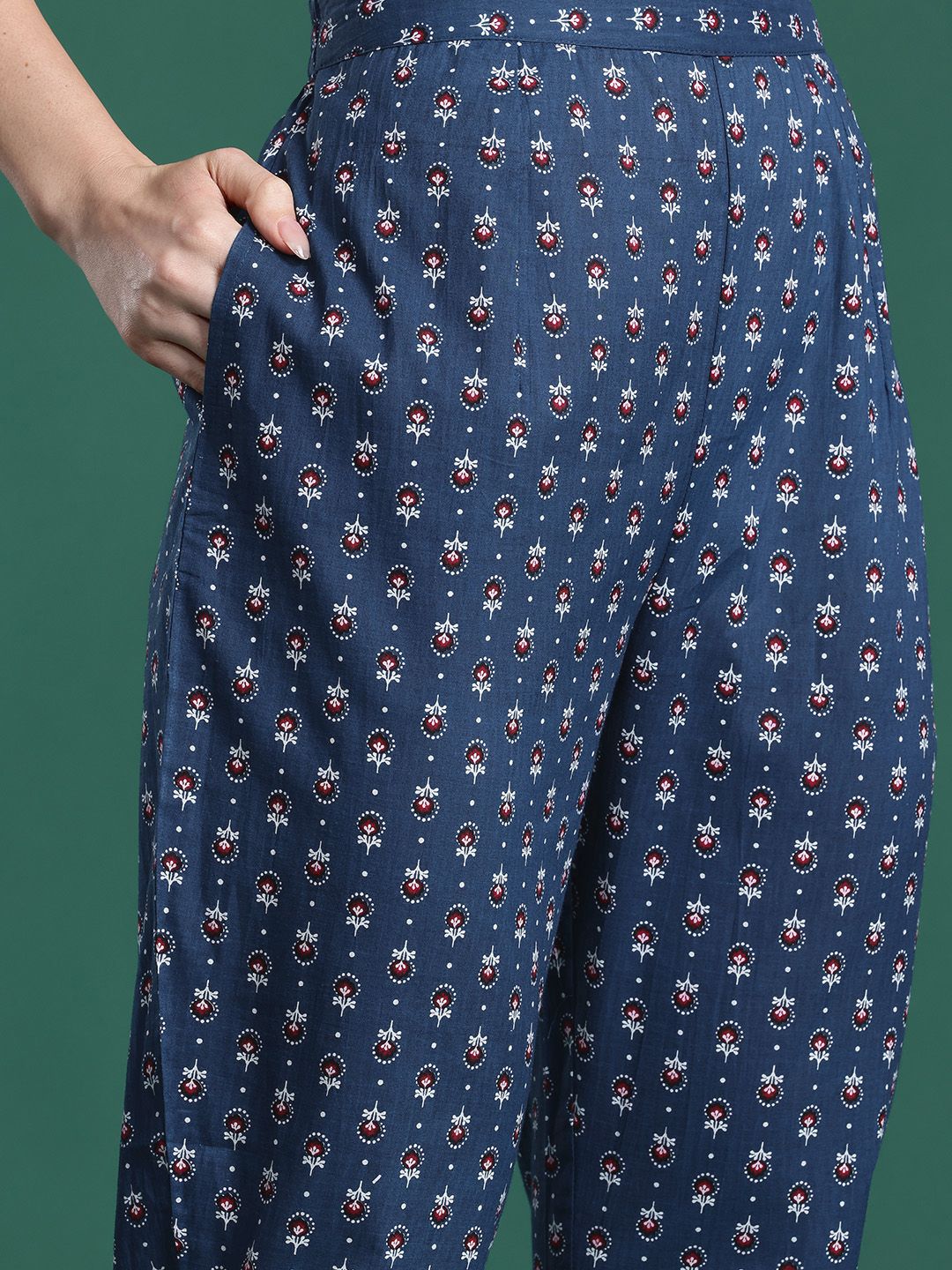 Dhiyona IE Ethnic Motifs Printed Panelled Beads & Stones Pure Cotton Kurta with Trousers