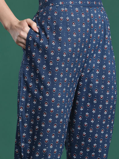 Dhiyona IE Ethnic Motifs Printed Panelled Beads & Stones Pure Cotton Kurta with Trousers