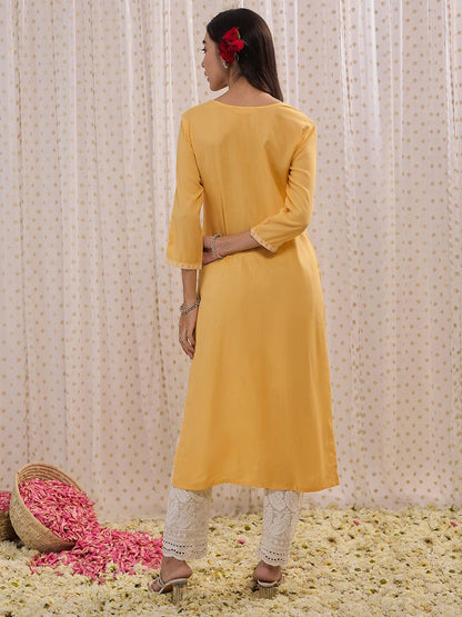 Dhiyona IE Floral Embroidered Round Neck Three-Quarter Sleeves Straight Kurta