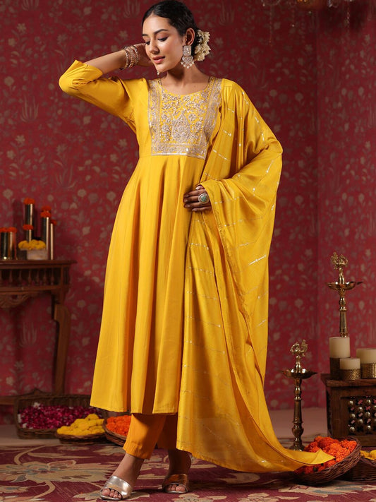 Dhiyona IS Women's Ethnic Motifs Embroidered Anarkali Kurta & Trousers With Dupatta