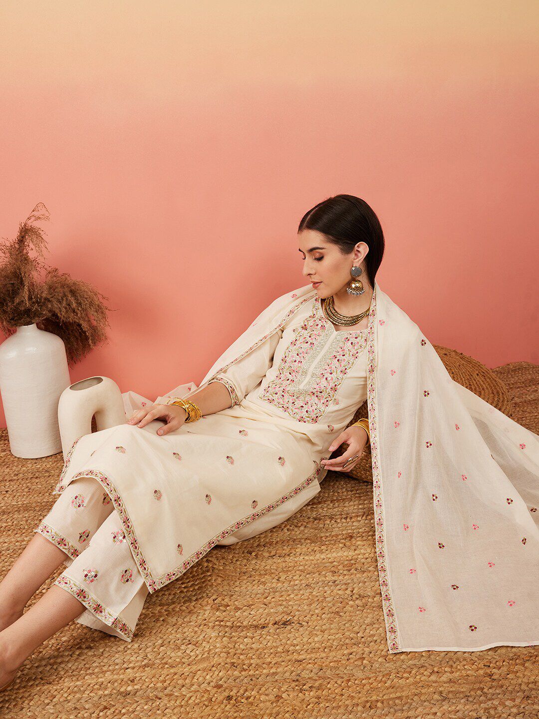 Dhiyona SN Women's Floral Embroidered Pure Cotton Straight Kurta With Palazzo & Dupatta