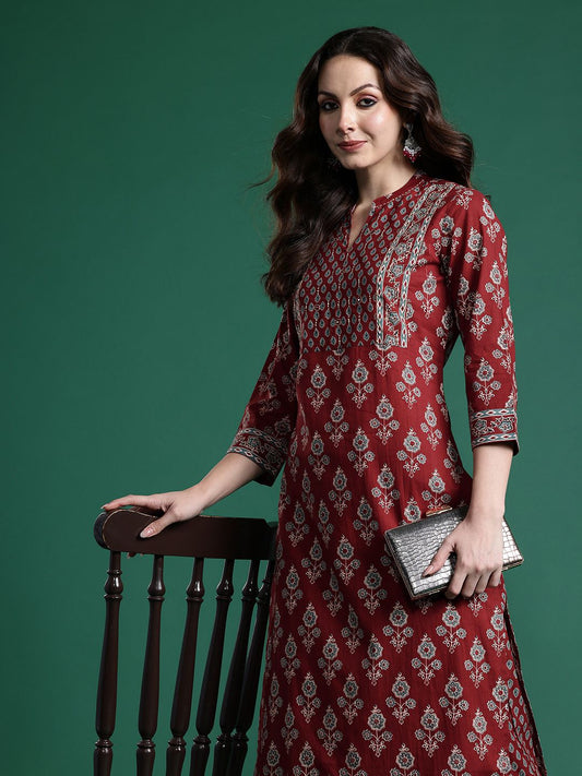 Dhiyona IE Ethnic Motifs Printed Pure Cotton Kurta with Trousers
