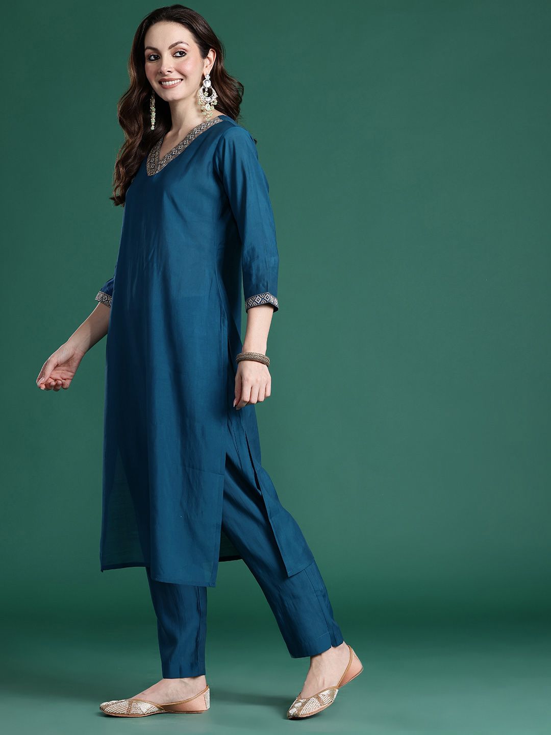 Embroidered Sequinned Kurta with Trousers & With Dupatta