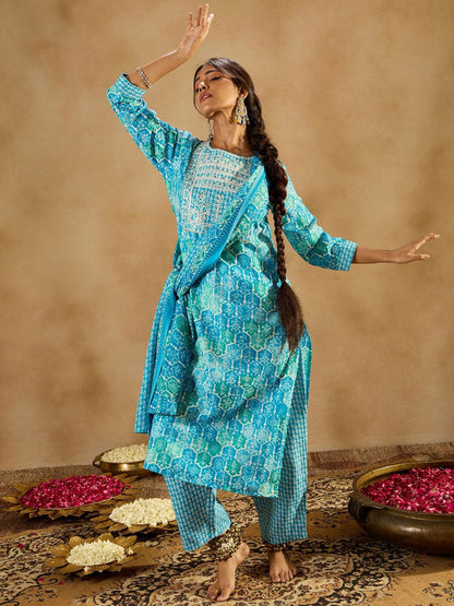 Dhiyona IE Printed Regular Thread Work Pure Cotton Straight Kurta with Trousers & Dupatta
