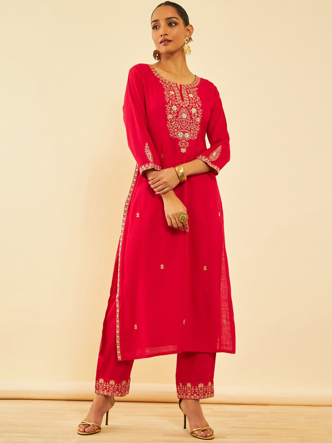 Dhiyona SO Women's Red Ethnic Motifs Embroidered Regular Mirror Work Kurta With Trousers