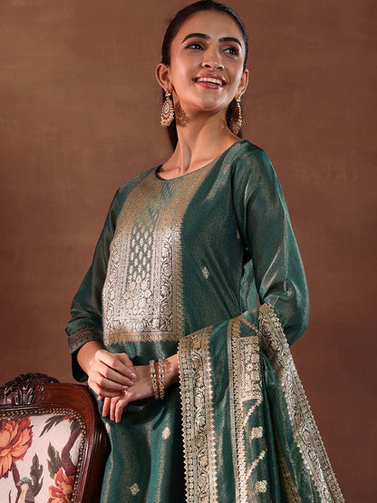 Dhiyona LB Women's Green and Gold Ethnic Motifs Woven Design Straight Kurta with Trouser & Dupatta