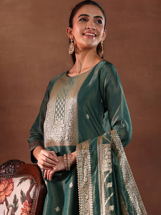 Dhiyona LB Women's Green and Gold Ethnic Motifs Woven Design Straight Kurta with Trouser & Dupatta