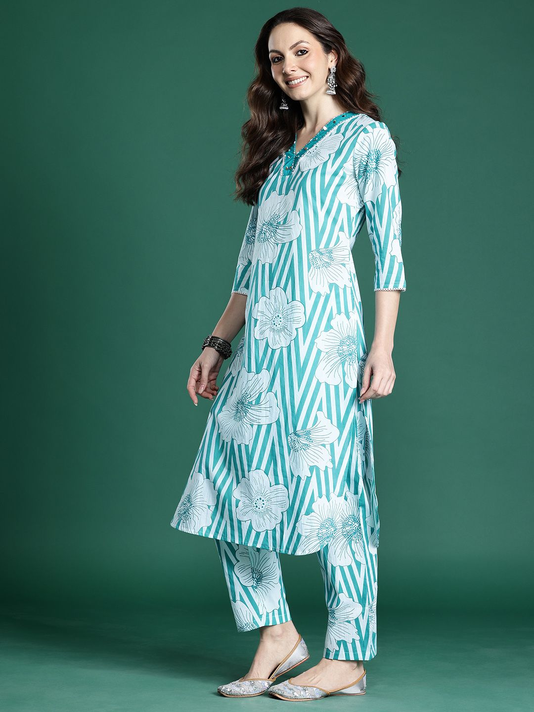 Floral Printed Pure Cotton Kurta with Trousers
