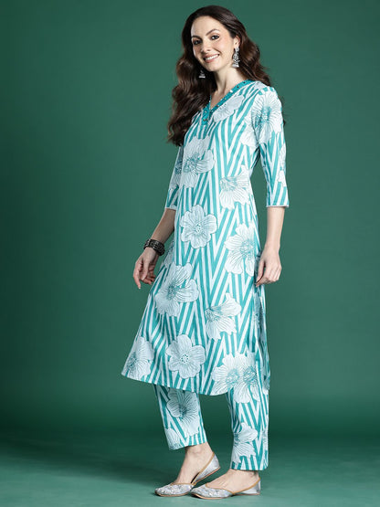 Floral Printed Pure Cotton Kurta with Trousers