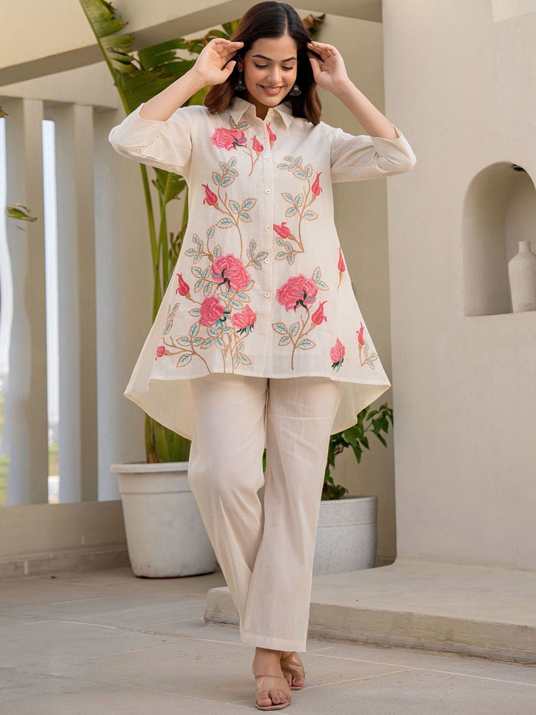 Dhiyona IE Floral Embroidered Thread Work Pure Cotton A-Line Kurta With Trousers