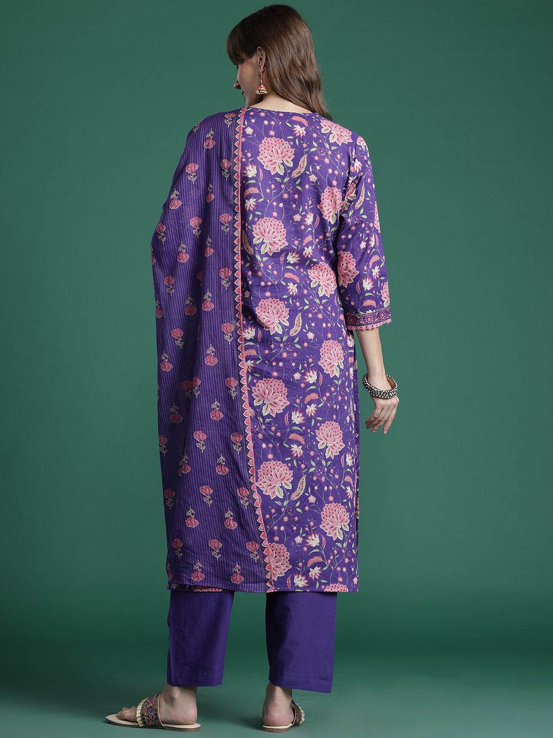 Floral Printed Beads & Stones Pure Cotton Kurta with Trousers & With Dupatta