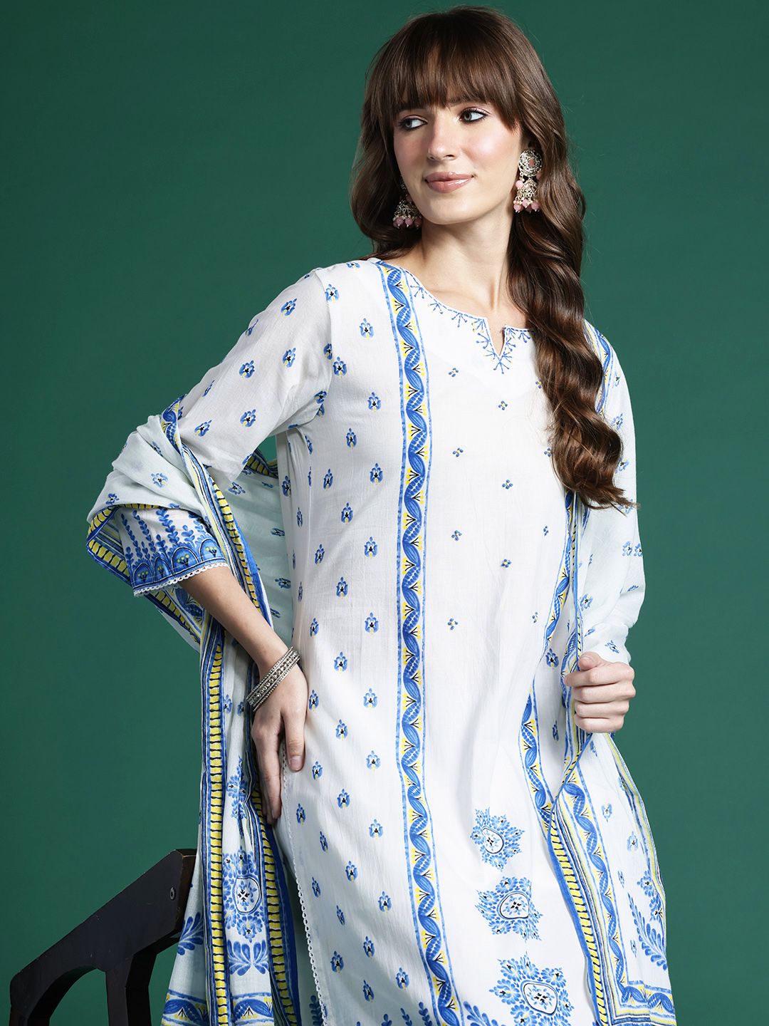 Dhiyona IE Ethnic Motifs Printed Panelled Pure Cotton Kurta with Trousers & Dupatta