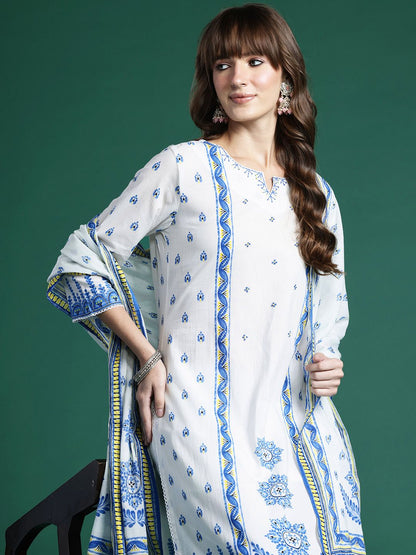 Dhiyona IE Ethnic Motifs Printed Panelled Pure Cotton Kurta with Trousers & Dupatta