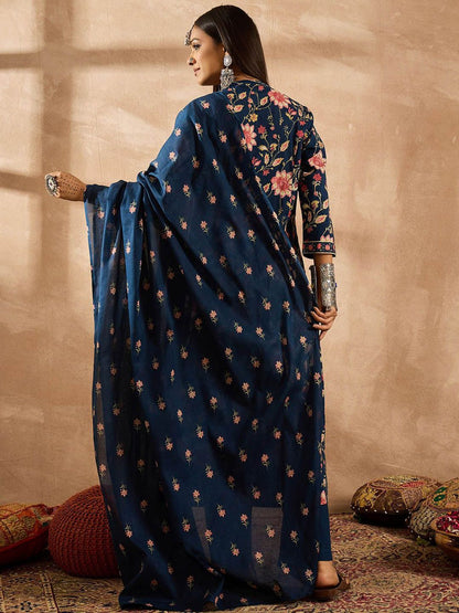 Dhiyona IE Women Floral Printed Angrakha Beads and Stones Pure Cotton Kurta with Trousers & With Dupatta