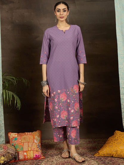 Floral Printed Notch Neck Pure Cotton Straight Kurta With Trousers