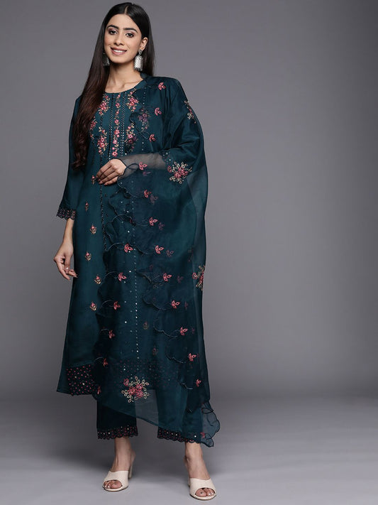 Dhiyona VA Women'sTeal Floral Embroidered Kurta with Trouser & Dupatta