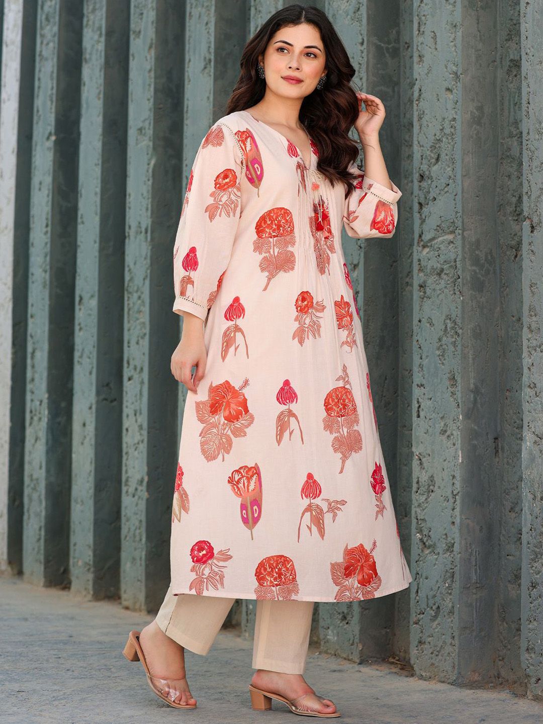 Dhiyona IE Printed Pure Cotton V-Neck Tunic With Trousers Co-Ords