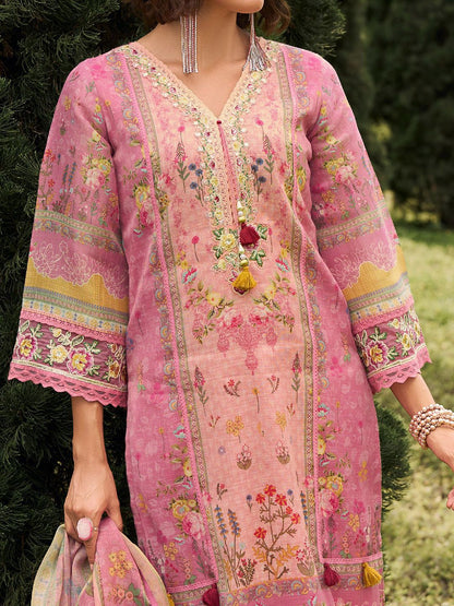Dhiyona IE Floral Printed V-Neck Linen Kurta With Trousers And Dupatta