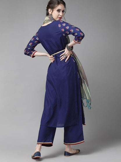 Blue & Red Romantic Floral Printed Kurta with Palazzos and Dupatta