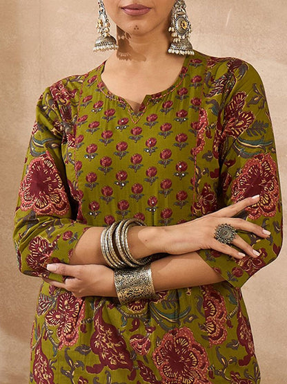 Dhiyona IE Floral Printed Cotton A-Line Tunic With Trousers Co-Ords