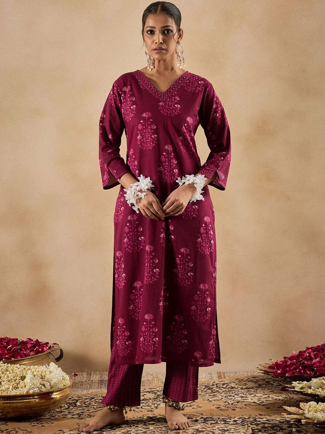 Floral Printed V-Neck Pure Cotton Straight Kurta With Trousers & Dupatta