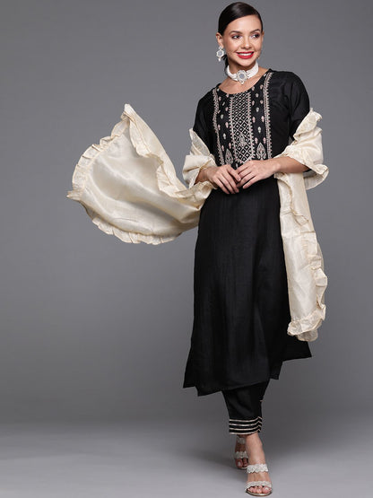 Dhiyona IE Women Black Ethnic Motifs Embroidered Yoke Design Kurta with Trousers & Dupatta