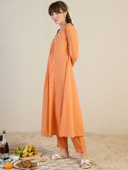 Dhiyona IE Embroidered Pure Cotton V-Neck Top With Trousers Co-Ords