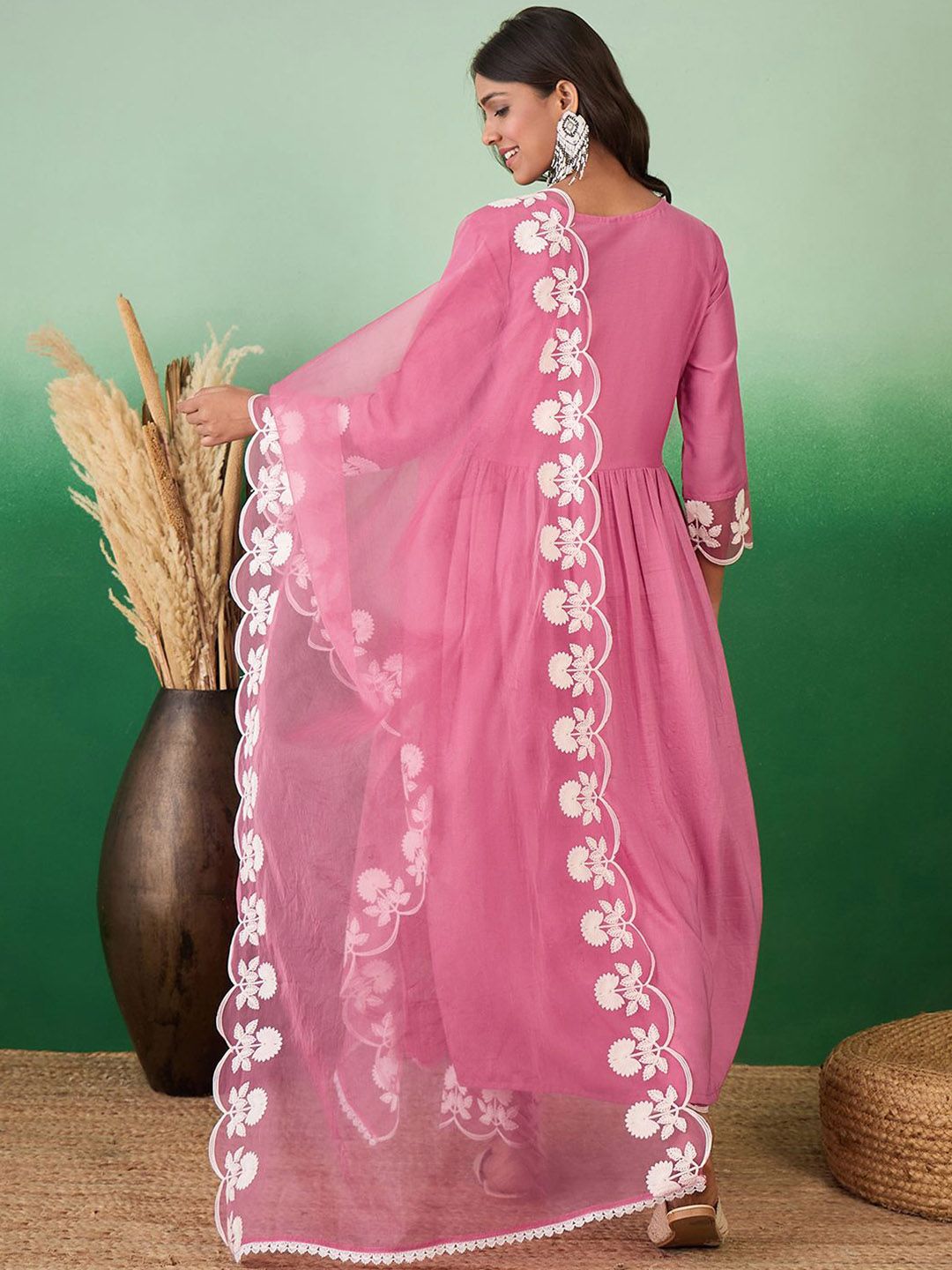 Dhiyona SN Women's Floral Embroidered V-Neck A-Line Kurta With Trousers & Dupatta