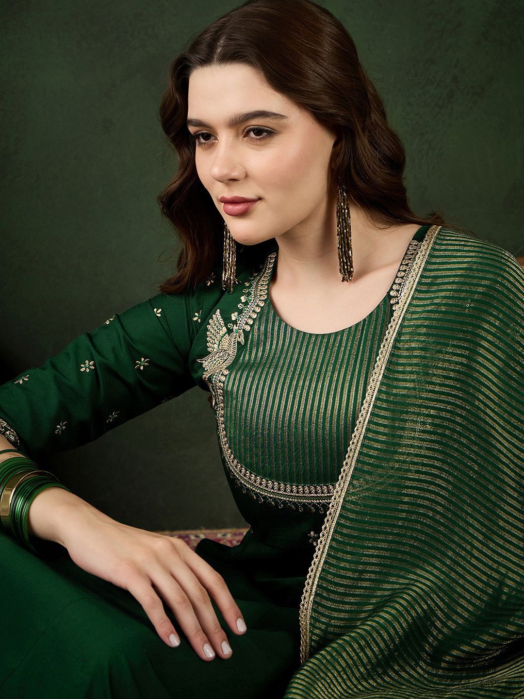 Dhiyona SN Women's Green Floral Embroidered Regular Anarkali Kurta With Trouser With Dupatta